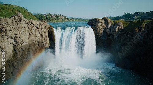 Majestic Waterfall Cascading Into Turquoise Waters Under Clear Sky