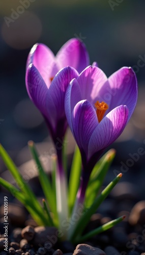 Purple crocus blossoms & threads of crimson saffron, herbal, organic