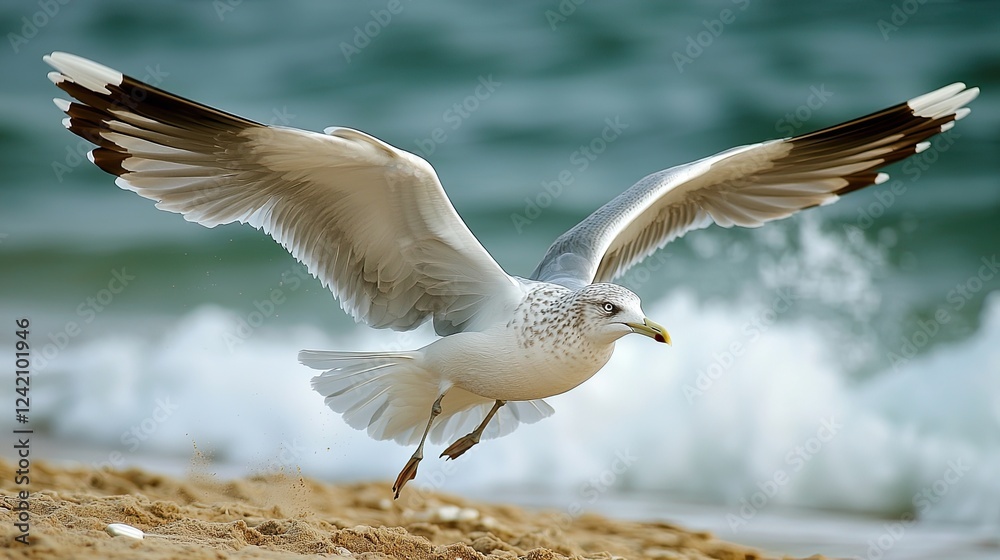 Obraz premium Seagull takes flight over sandy beach with waves crashing in the background during a sunny day by the ocean