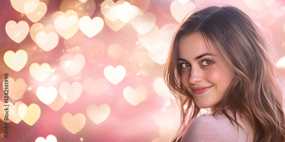 Smiling Young Woman with Heart-Shaped Bokeh Lights Smiling Young Woman with Heart-Shaped Bokeh Lights