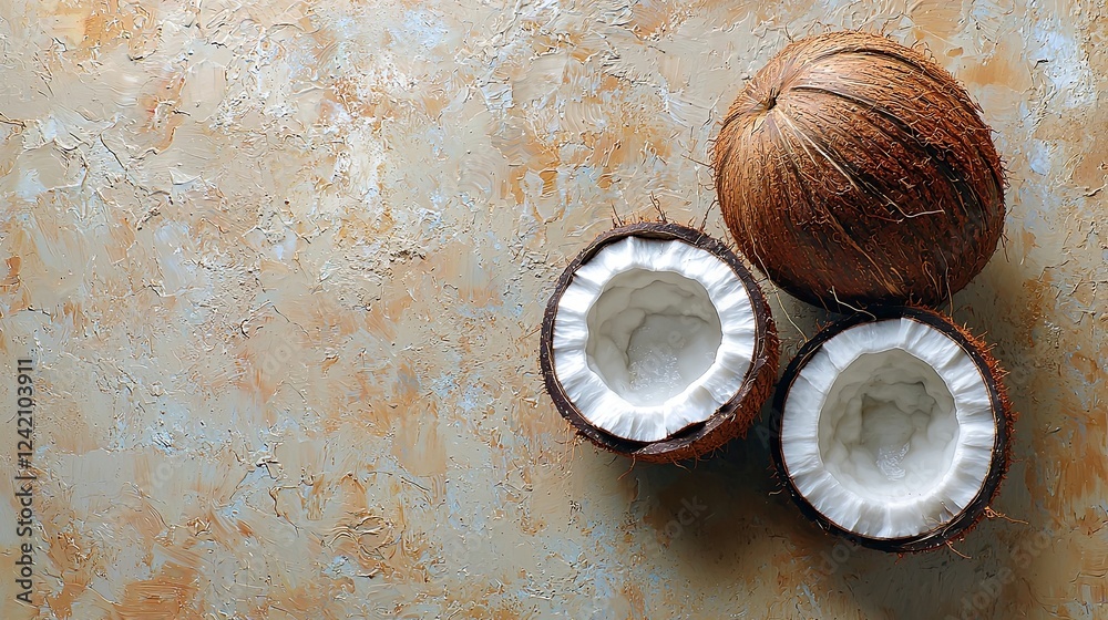 Fresh coconuts displayed on a textured background highlighting their natural beauty and culinary potential Fresh coconuts displayed on a textured background highlighting their natural beauty and culinary potential