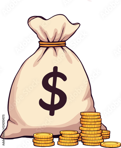 Big money bag and gold coins showing wealth and savings