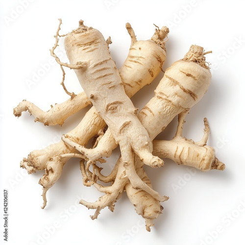 Fresh ginseng roots on a white isolated background.
