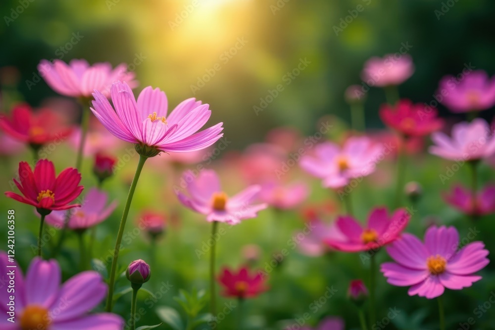 Numerous cosmos flowers swaying gently in a lush garden setting , wildflower, botany Numerous cosmos flowers swaying gently in a lush garden setting , wildflower, botany