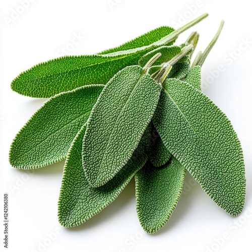 Fresh green sage leaves on a white isolated background.