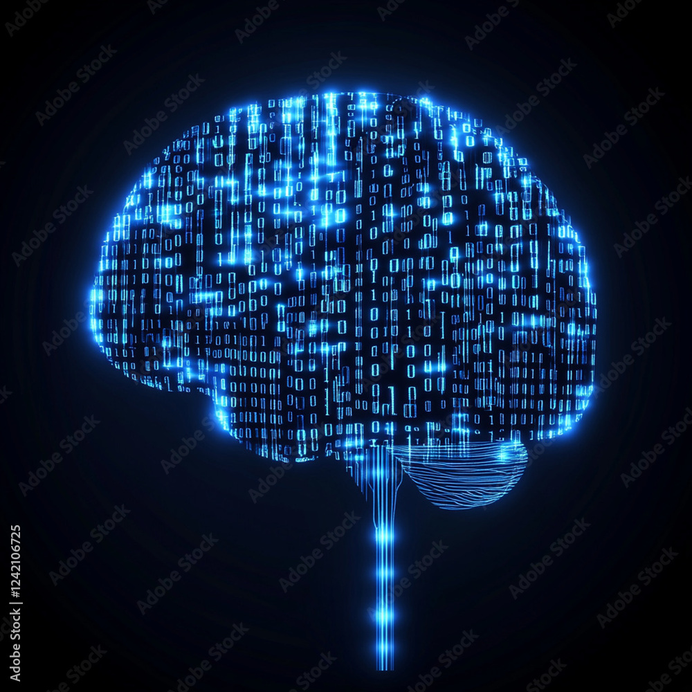Glowing digital brain composed of interconnected blue neural circuits, symbolizing artificial intelligence and advanced deep learning technology in a futuristic setting Glowing digital brain composed of interconnected blue neural circuits, symbolizing artificial intelligence and advanced deep learning technology in a futuristic setting