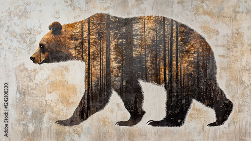 Double exposure art of grizzly bear silhouette with forest trees on textured background inspires nature and wildlife enthusiasts