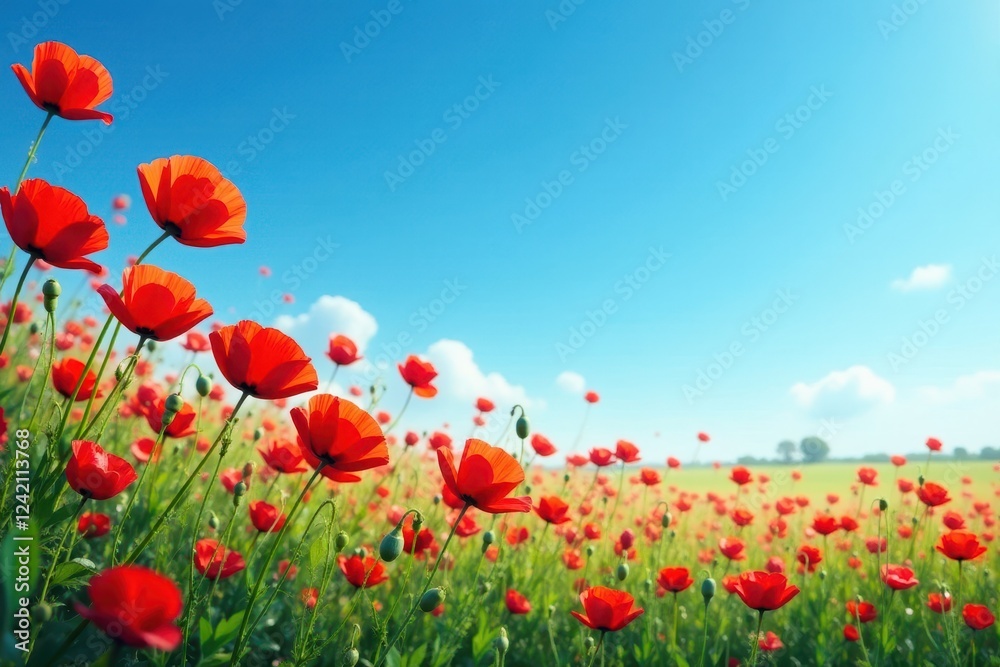 Fototapeta premium Poppies sway gently, blue sky overhead, idyllic scene, blossom, colorful