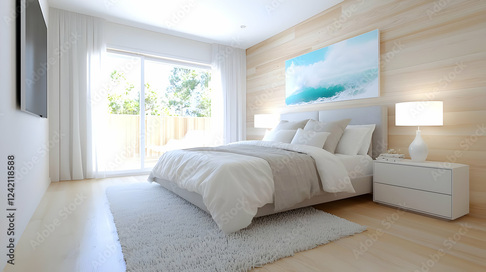 Fototapeta premium Modern bedroom design, ocean view, sunny day, relaxing atmosphere, home decor