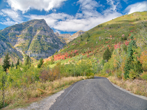 USA, Utah, Logan Pass. Road through colorful autumn in Cottonwood Canyon Pass photo