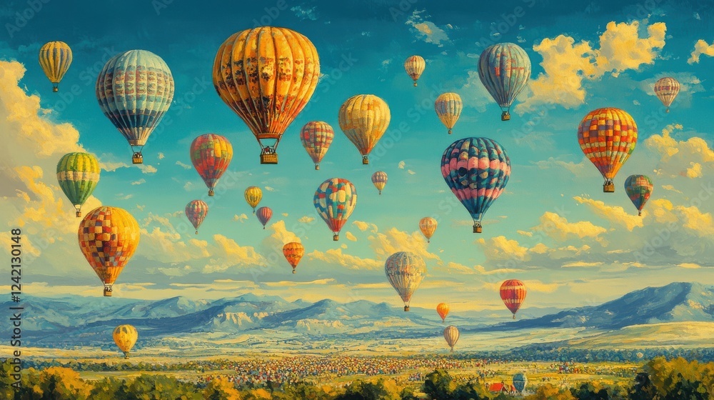 Fototapeta premium Colorful Hot Air Balloons in a Scenic Sky Above Rolling Mountains