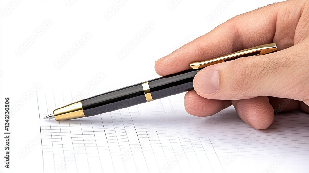 Elegant black pen in hand making notes on lined paper surface Elegant black pen in hand making notes on lined paper surface