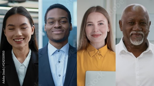 Four professionals of different backgrounds pose confidently in a bright office, showcasing teamwork and collaboration.