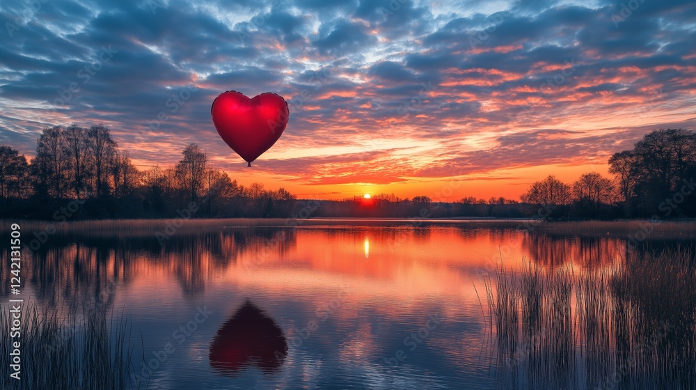 Fototapeta premium Romantic sunset balloon heart over tranquil lake nature landscape peaceful reflection scenic view