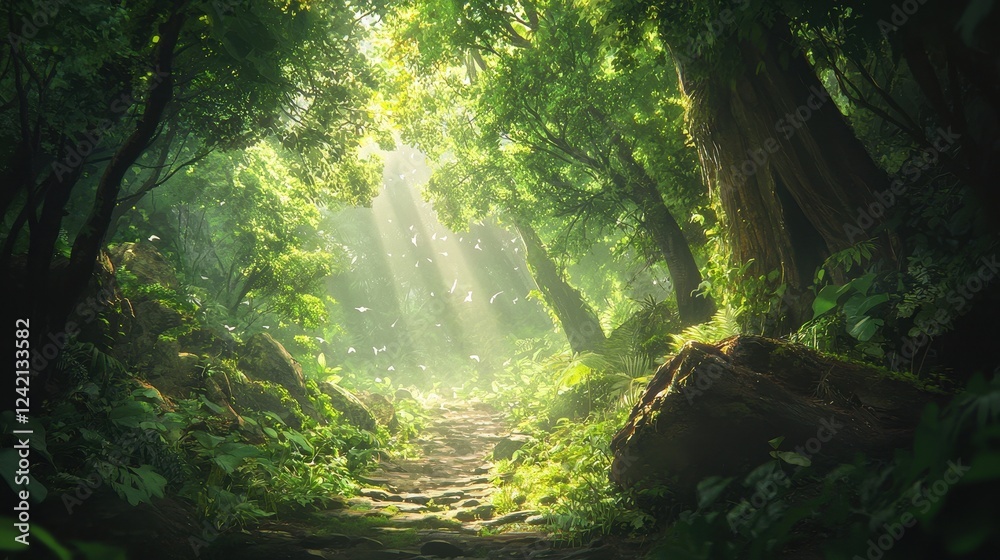 Obraz premium A serene forest path illuminated by sunlight filtering through lush green trees, creating a tranquil and enchanting atmosphere.