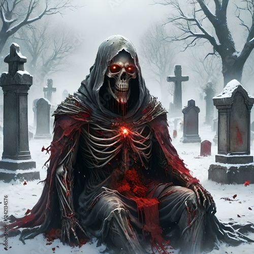 Cemetery scene with infernal skull for Halloween season and spiritualist summoning night, on a snowy night. Generated with artificial intelligence.  