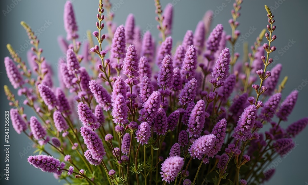 A close-up of vivid lavender flowers with delicate purple spikes standing against a muted background. A close-up of vivid lavender flowers with delicate purple spikes standing against a muted background.