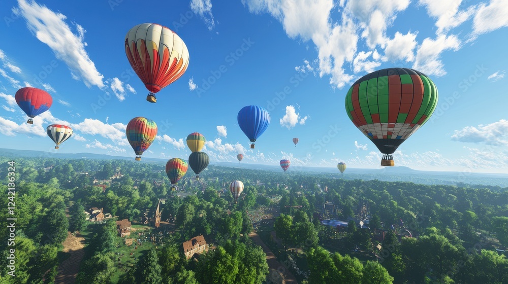 Fototapeta premium Colorful Hot Air Balloons Over Scenic Landscape with Blue Sky