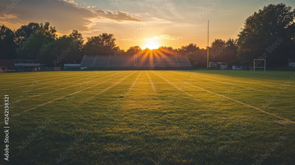 Serene Sunset Over Green Football Field with Warm Golden Light Serene Sunset Over Green Football Field with Warm Golden Light