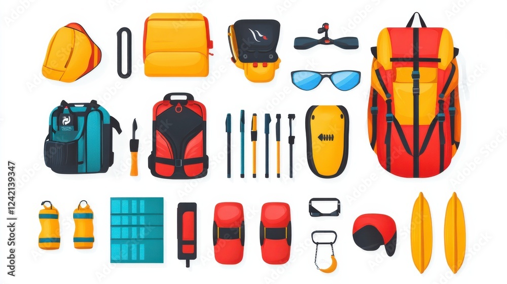 Fototapeta premium Colorful Collection of Outdoor Equipment and Accessories for Adventures