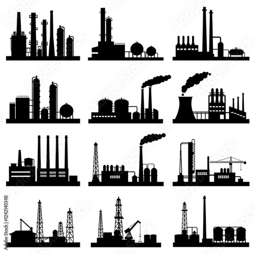 Factory, power plant industrial icons. Factory, power plant, oil refinery and oil processing plant industrial icon.