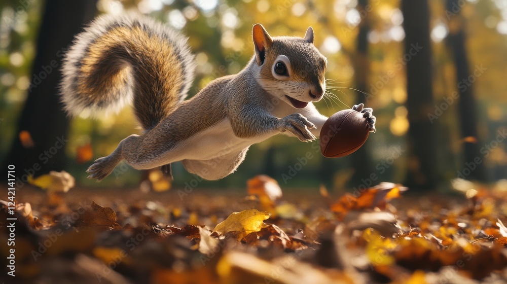 Obraz premium Playful Squirrel Leaps Through Autumn Leaves with Acorn in Mouth