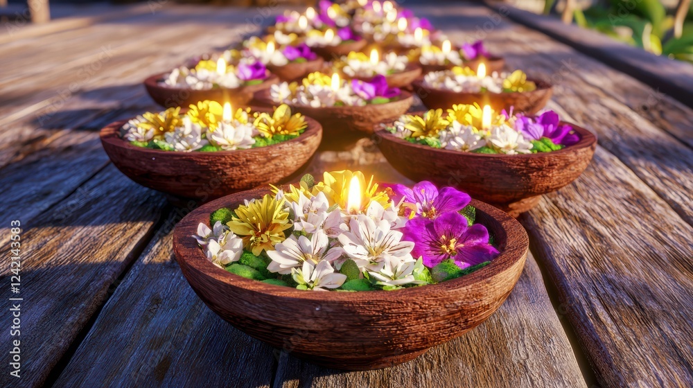 Beautiful Floating Candles with Flowers on Rustic Wooden Table Beautiful Floating Candles with Flowers on Rustic Wooden Table