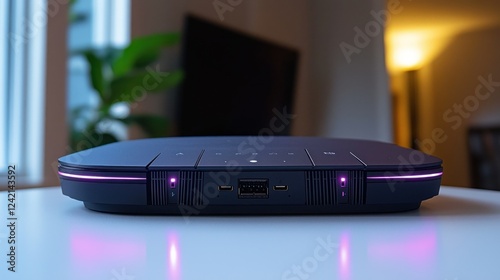 Home network device, living room, setup, purple lights, smart home photo