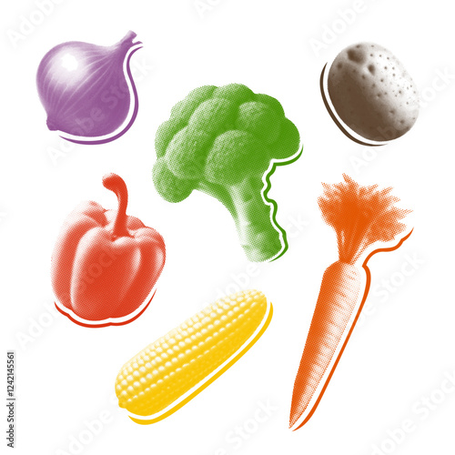 set of vegetables, carrot, corn cob, pepper, broccoli, potato, onion, retro halftone photocopy style, organic food collection
