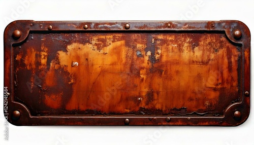 Isolated vintage metal sign with rust and weathered edges, on a white background, perfect for text or branding