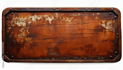 Isolated vintage metal sign with rust and weathered edges, on a white background, perfect for text or branding