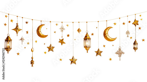 A golden crescent moon decoration with lanterns and stars, representing Ramadan and Eid celebrations. Isolated on transparent background.