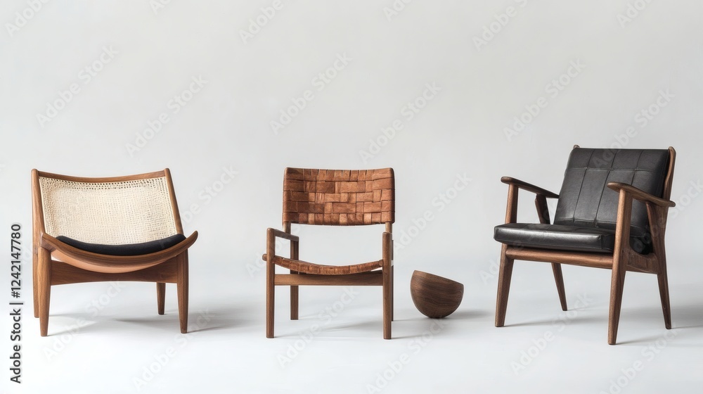 Three Modern Wooden Chairs with Varying Upholstery Styles Three Modern Wooden Chairs with Varying Upholstery Styles