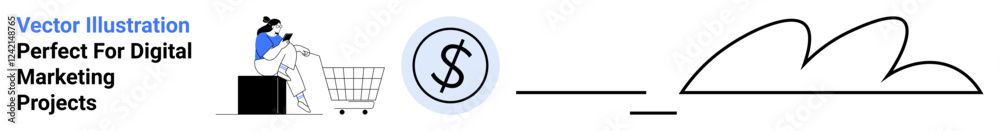 Shopping cart with person, money symbol, and abstract shapes suggest e-commerce, digital purchases, marketing, financial transactions. Ideal for online stores, fintech, branding ads and e-business Shopping cart with person, money symbol, and abstract shapes suggest e-commerce, digital purchases, marketing, financial transactions. Ideal for online stores, fintech, branding ads and e-business