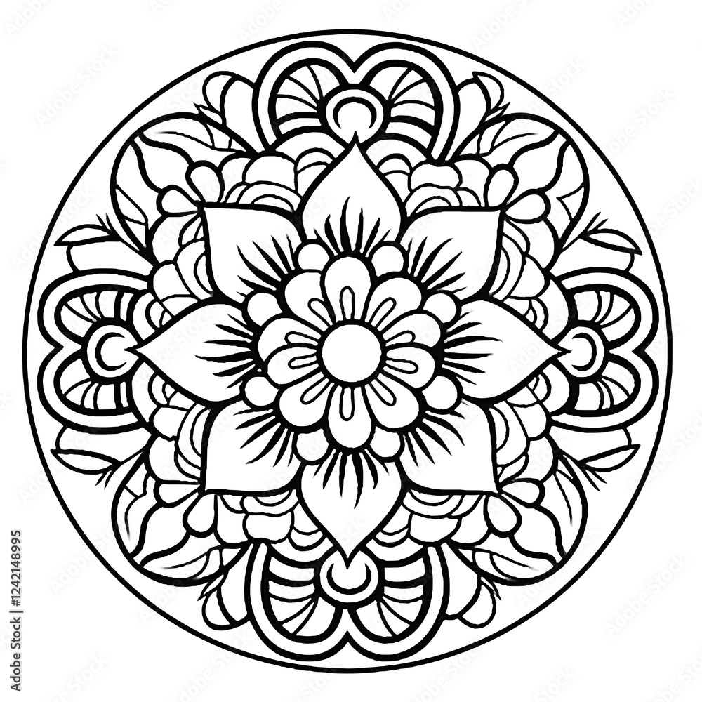 Circular Mandala with Central Flower and Floral Patterns Circular Mandala with Central Flower and Floral Patterns