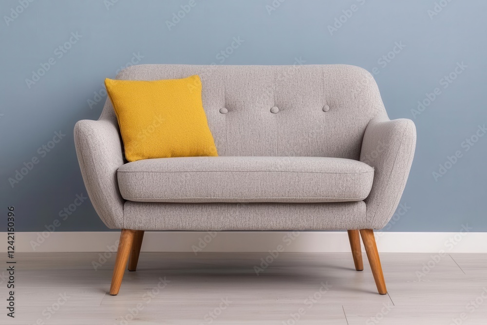 Fototapeta premium home decor minimalism with space-saving scandinavian. Compact loveseat in neutral fabric with tapered wooden legs, designed for cozy Scandinavian-style seating