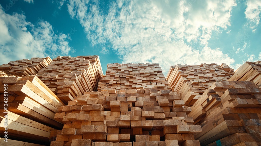 Stacked wooden planks drying under a blue sky with clouds Stacked wooden planks drying under a blue sky with clouds