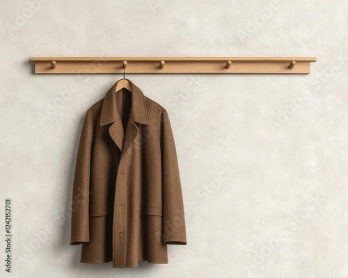 home decor minimalism with space-saving scandinavian. Wall-mounted coat rack with peg details in natural oak, combining function and Scandinavian design simplicity