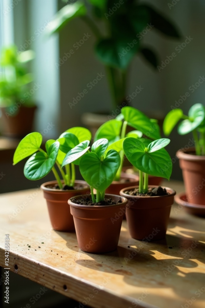 Propagated Pothos plant in small pots on a wooden table , potting soil, stem cutting, indoor plants Propagated Pothos plant in small pots on a wooden table , potting soil, stem cutting, indoor plants