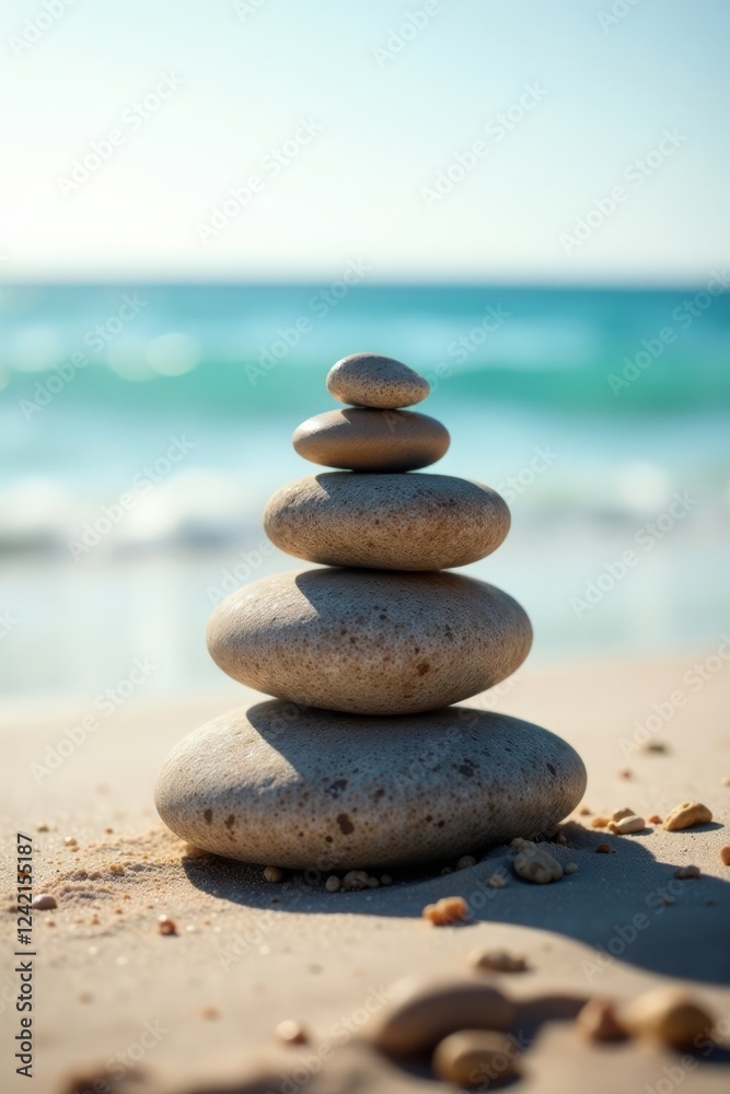 Pyramid of pebbles on sandy beach with calm sea waves, sand , equilibrium, water Pyramid of pebbles on sandy beach with calm sea waves, sand , equilibrium, water