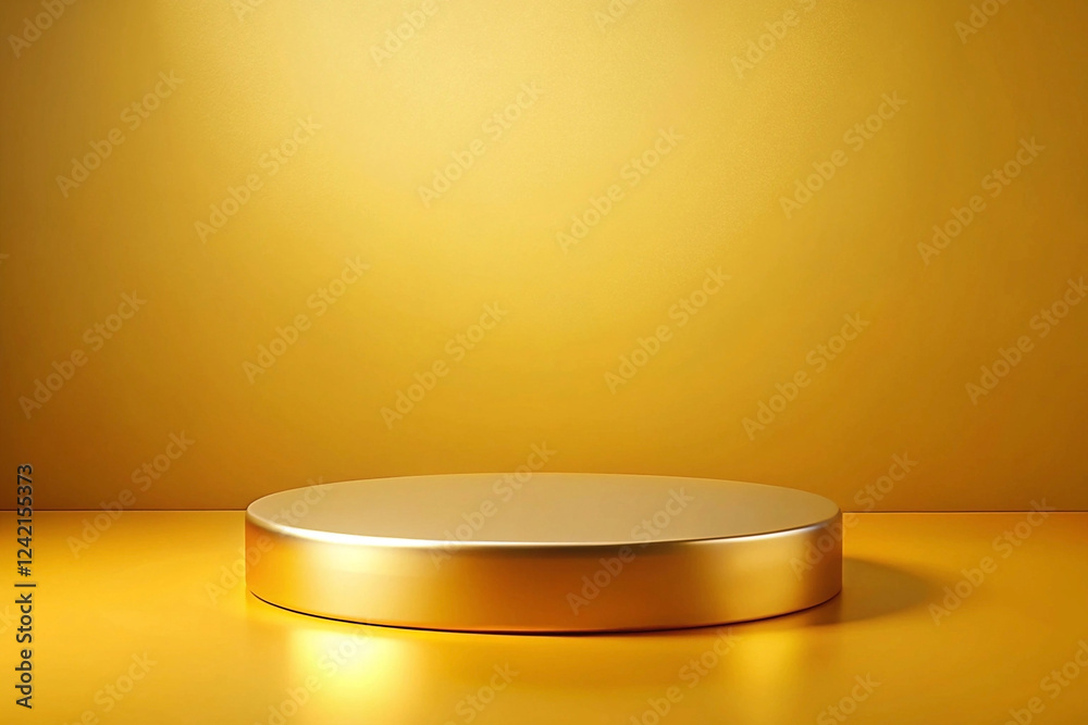 Golden podium, yellow backdrop, studio lighting, product display Golden podium, yellow backdrop, studio lighting, product display