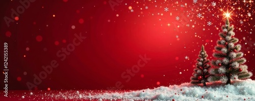 Red background winter holiday scene with festive tree branches and stars , winter wonderland, merry christmas new year, holiday card