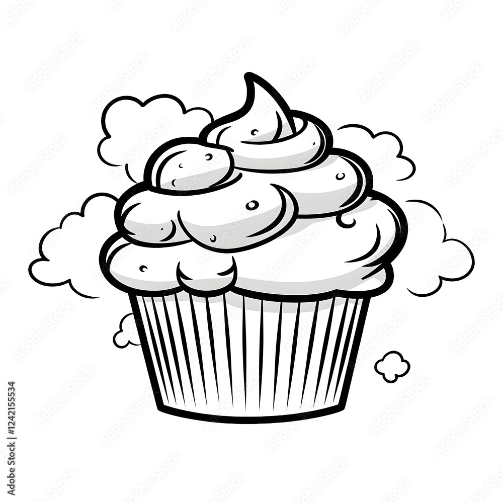 Line Art Illustration of Cupcake with Frosting and Clouds Line Art Illustration of Cupcake with Frosting and Clouds