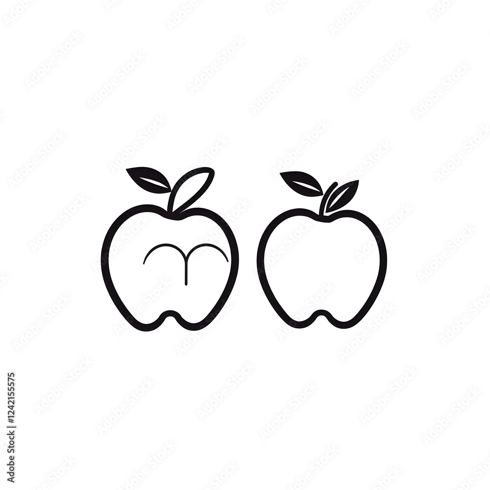 Line Art Illustration of Two Apples: One Bitten, One Whole Line Art Illustration of Two Apples: One Bitten, One Whole