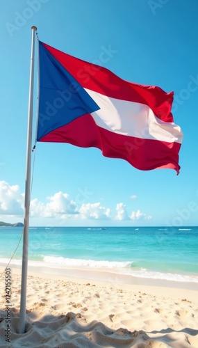 Red white and blue flag flying high on a beach, summer day, beach scene, ocean views