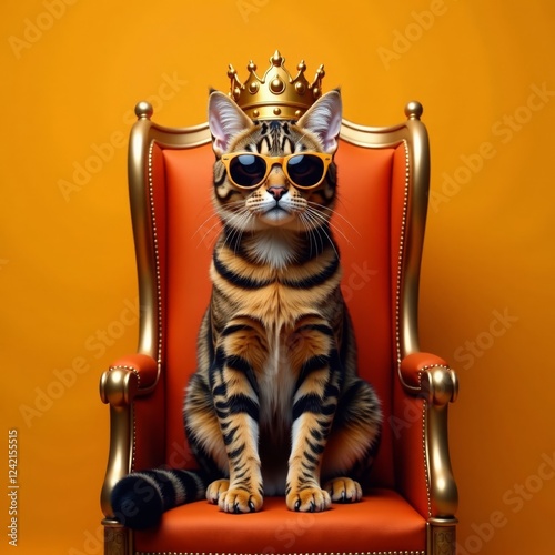 Regal feline wearing golden crown and shades sits on orange throne backdrop, majestic demeanor, orangebackground, kingsday, netherlands