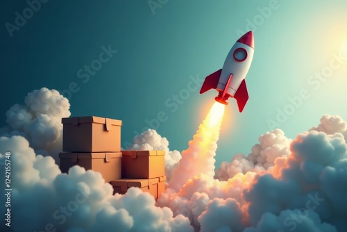 Rocket soars upward amidst stacked cardboard boxes, startup, packaging, orange