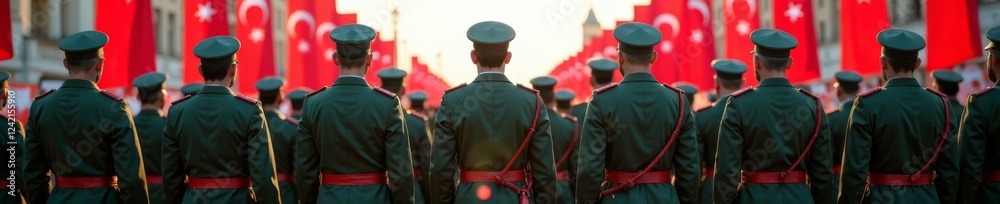 Row of Turkish soldiers standing at attention in full military uniform with back view and fluttering flags behind them, patriotic scene, turkey, flag Row of Turkish soldiers standing at attention in full military uniform with back view and fluttering flags behind them, patriotic scene, turkey, flag