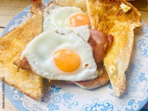 Bacon and fried egg breakfast served on hot white buttered toast