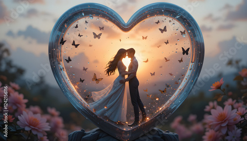 Valentine's Day scene - Toy figurines of a young couple inside a glass heart..